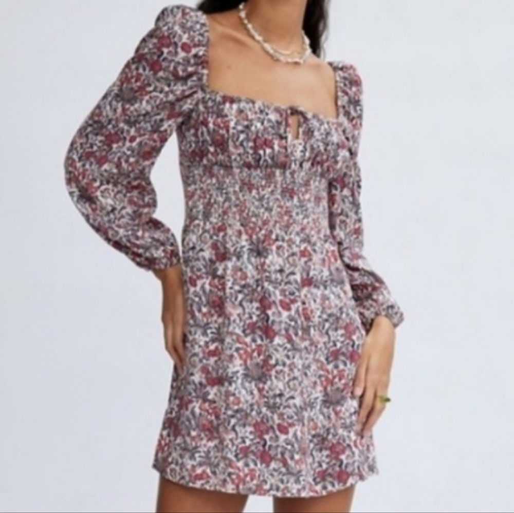 Aritzia Sunday Best Arden Red & Brown Floral Smocked Puff Sleeve Mini Dress NWT